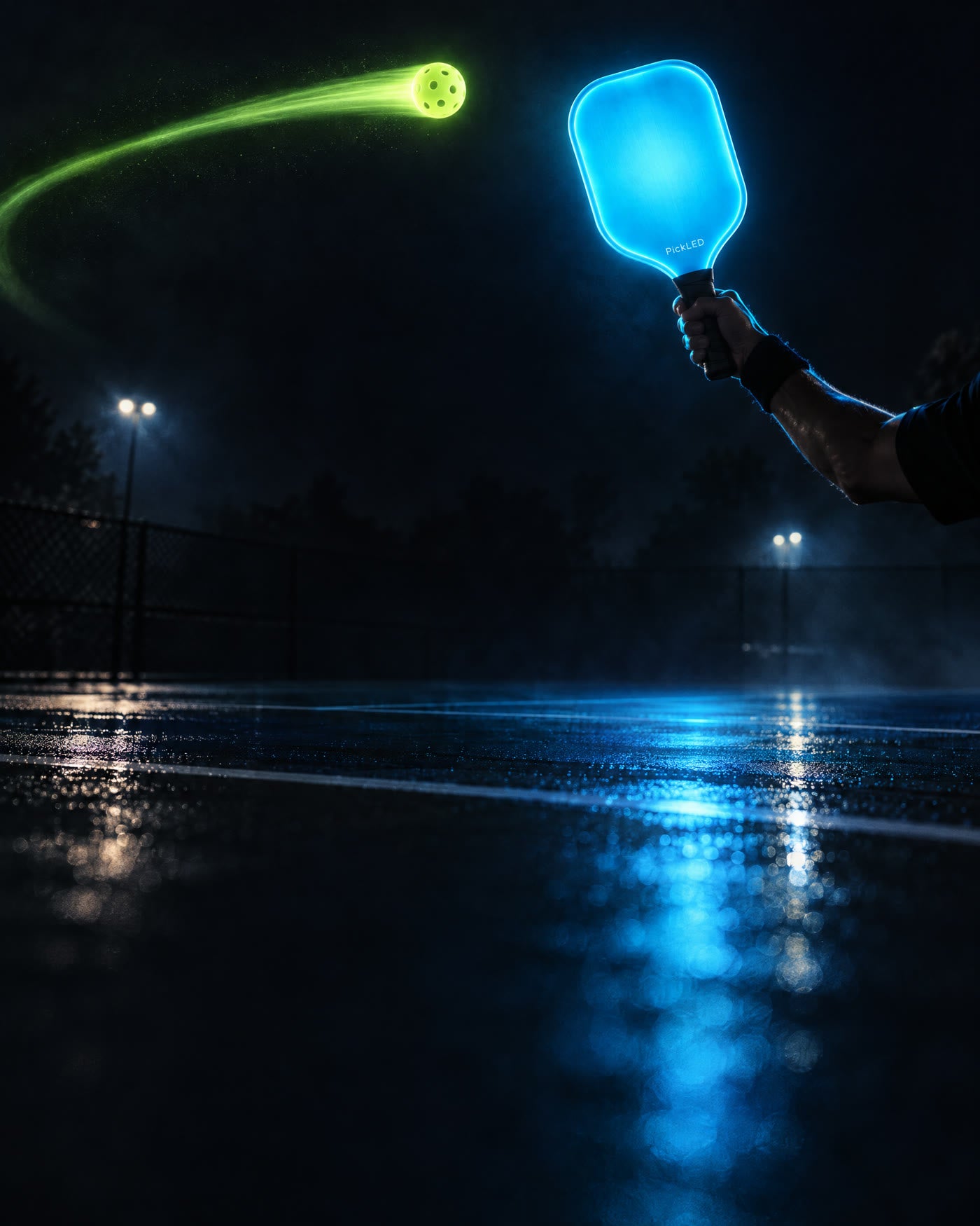 A glowing PickLED paddle swings at a lit ball on a dark court