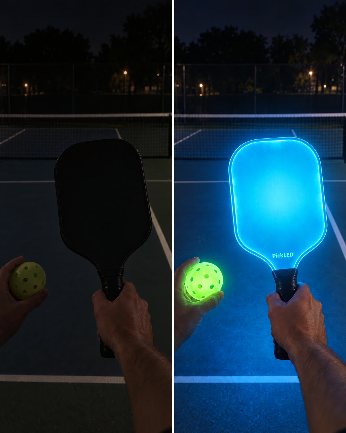 A standard paddle vanishes at night while PickLED glows