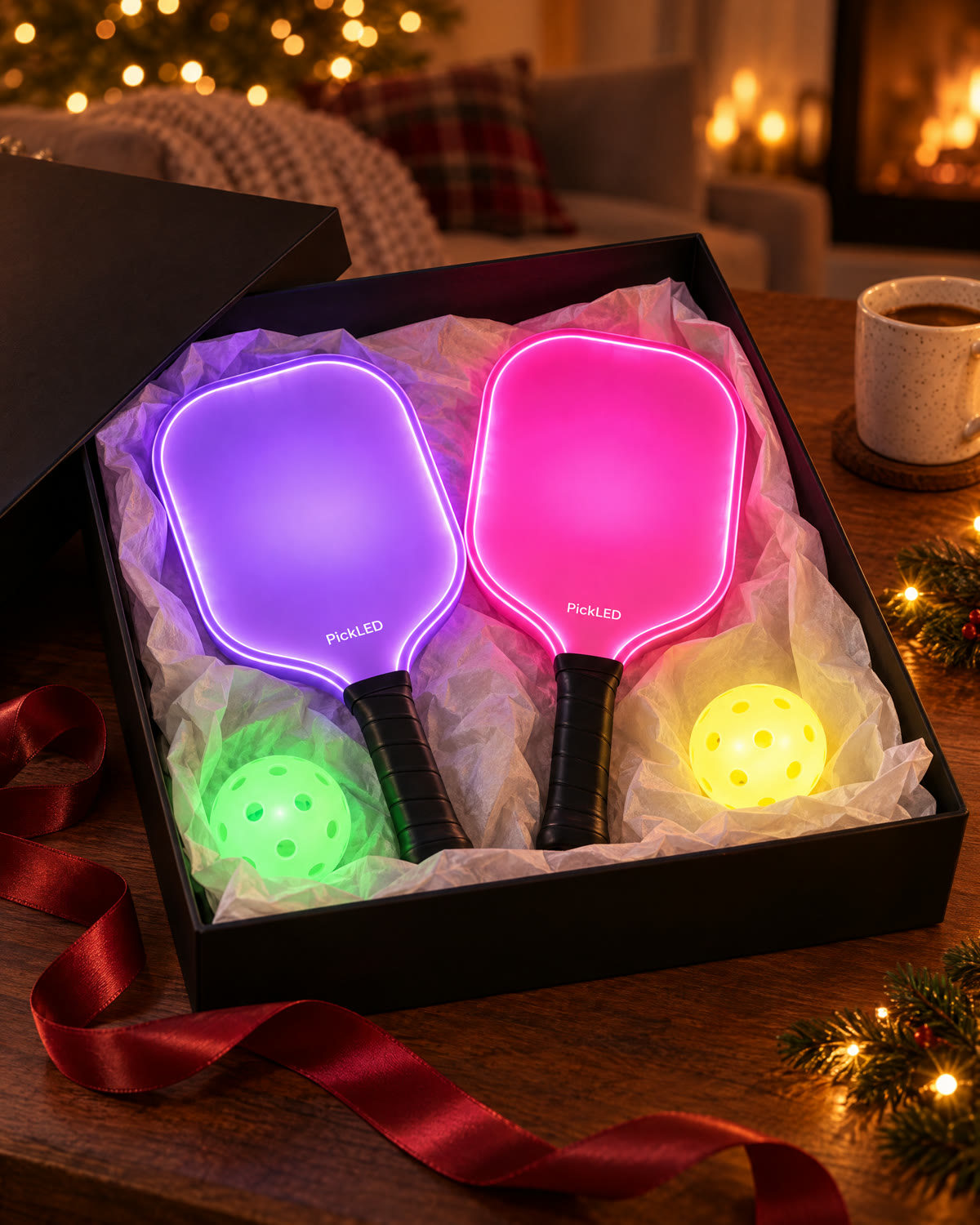 Two glowing PickLED paddles in a gift box