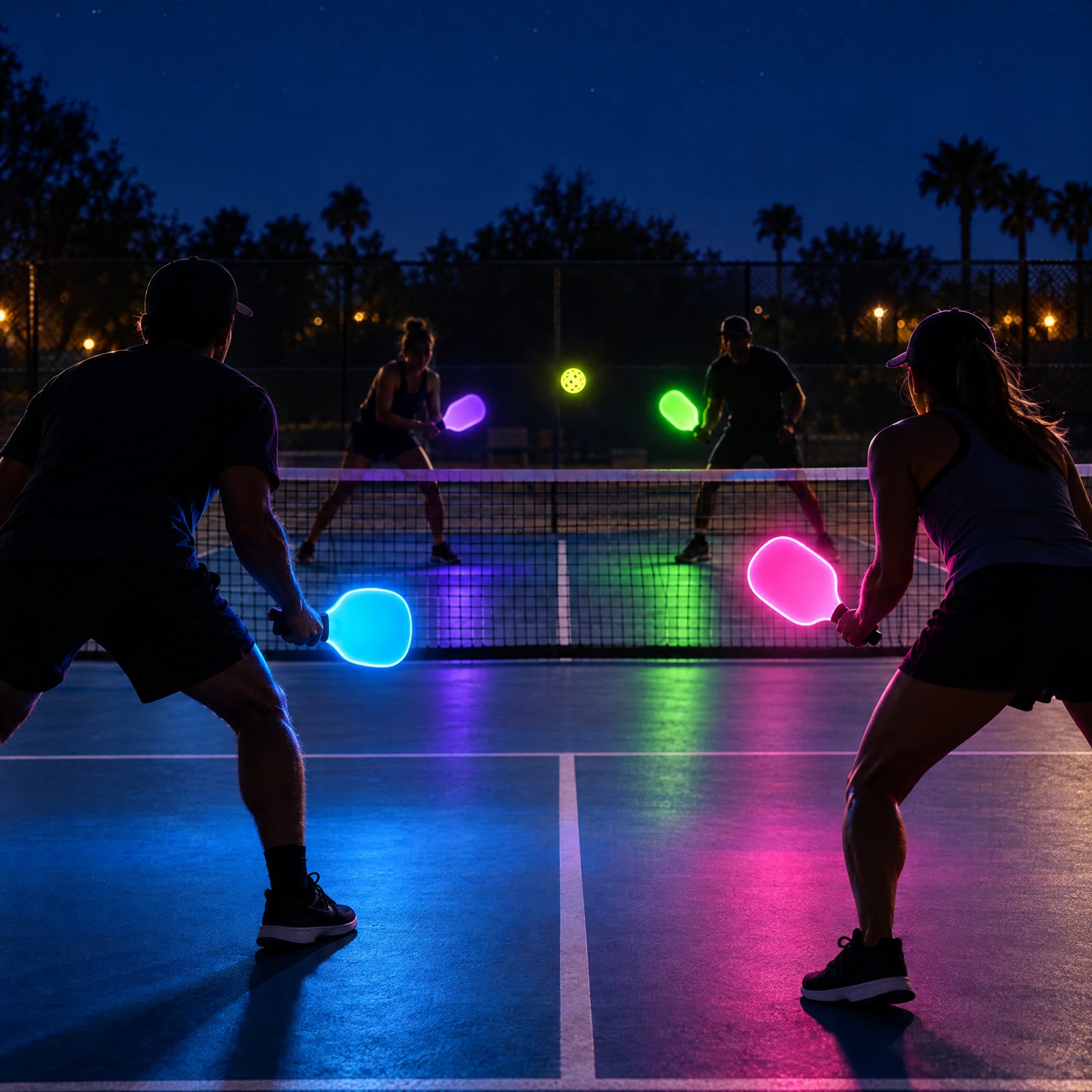 Doubles at night with four glowing paddles