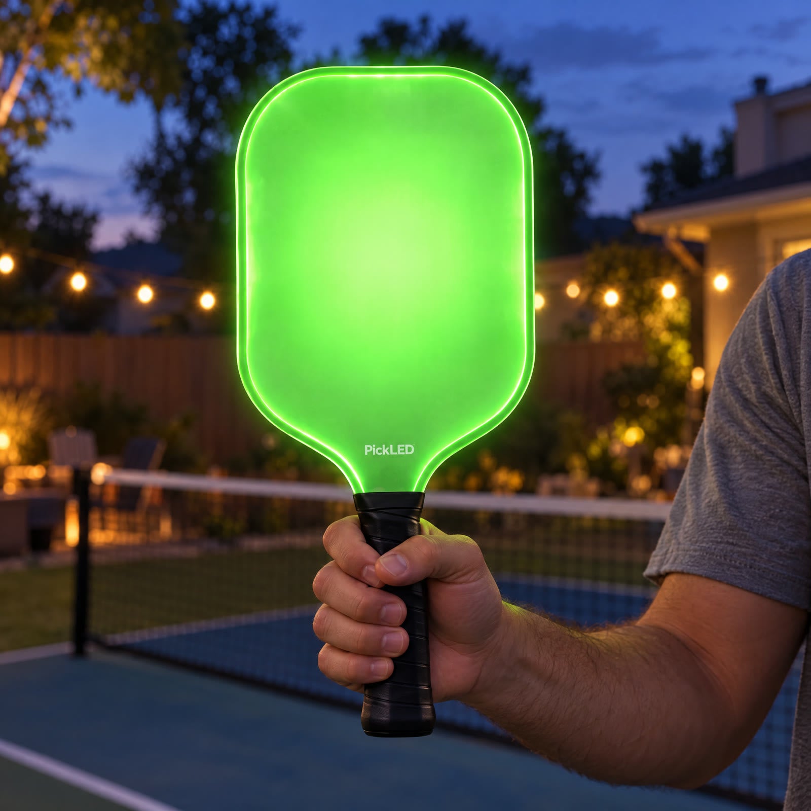 Green paddle in a backyard at dusk